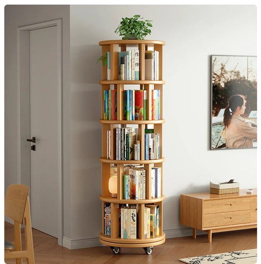 Solid Wood 360° Rotating Bookshelf – Stylish Space Saver for Kids