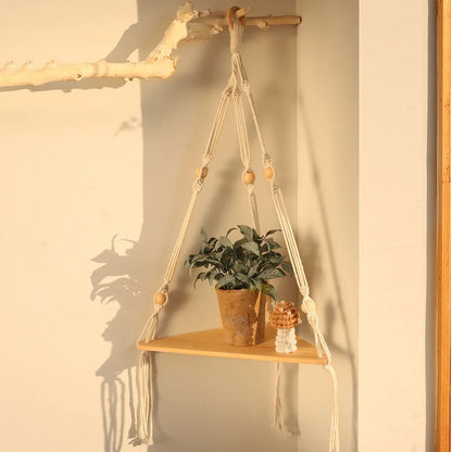 Rustic Boho Corner Shelf - Stylish Macrame Storage by Rooted Living