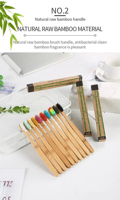 Eco-Friendly Bamboo Toothbrush Set - 10 Pack for Adults