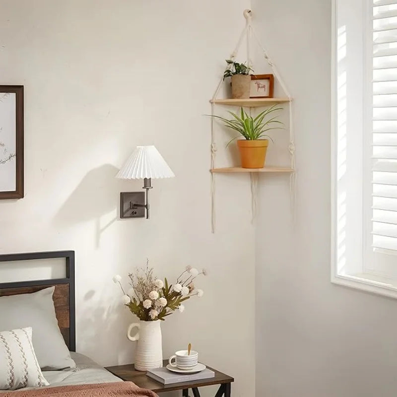 Rustic Boho Corner Shelf - Stylish Macrame Storage by Rooted Living