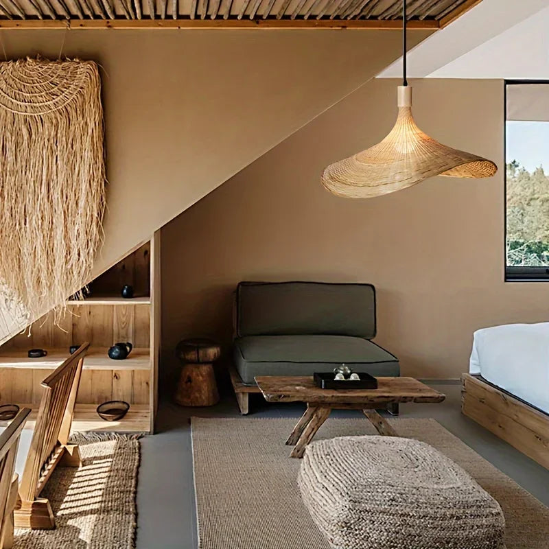 Rustic Hand-Woven Bamboo Lampshade: Cozy Home Decor Lighting