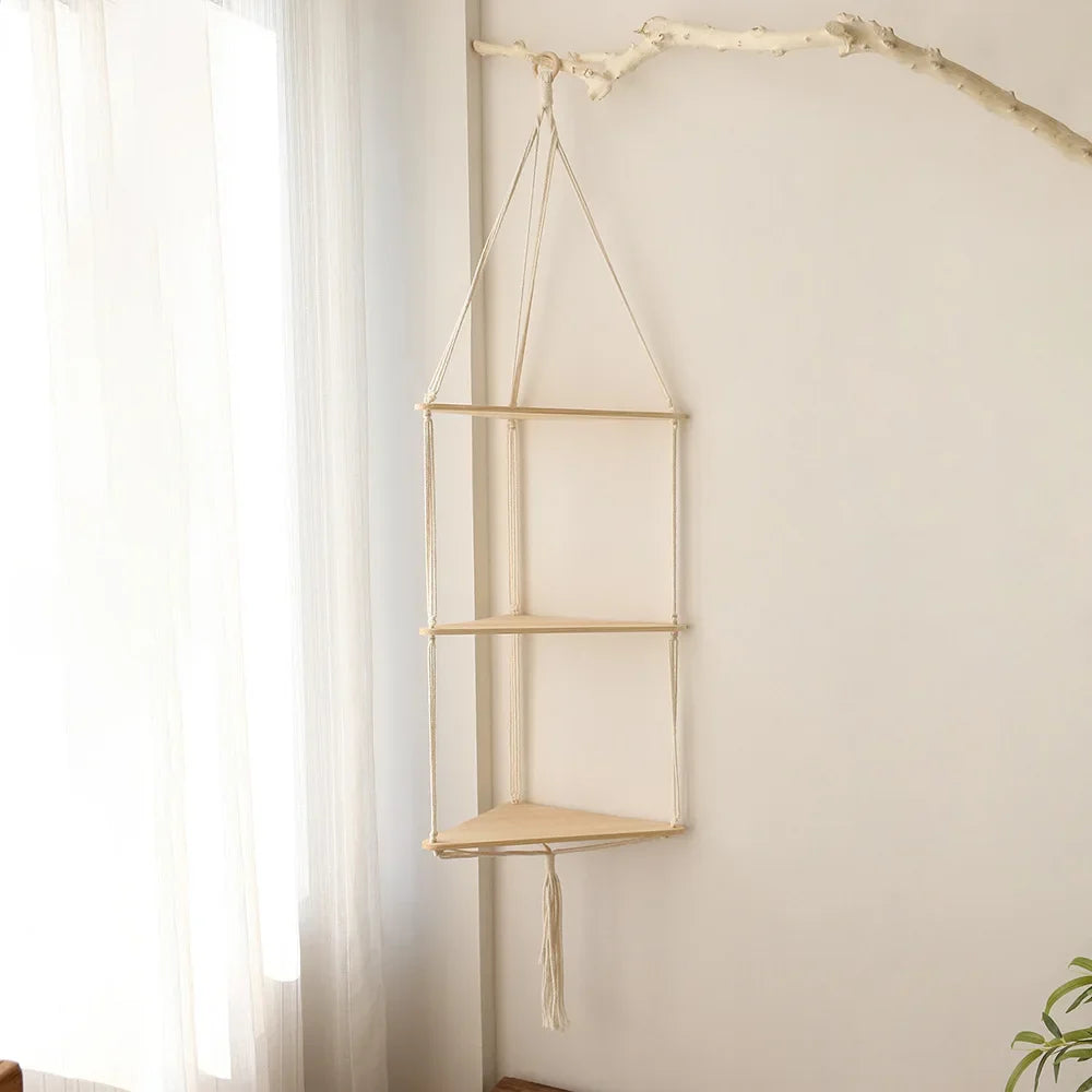 Rustic Boho Corner Shelf - Stylish Macrame Storage by Rooted Living