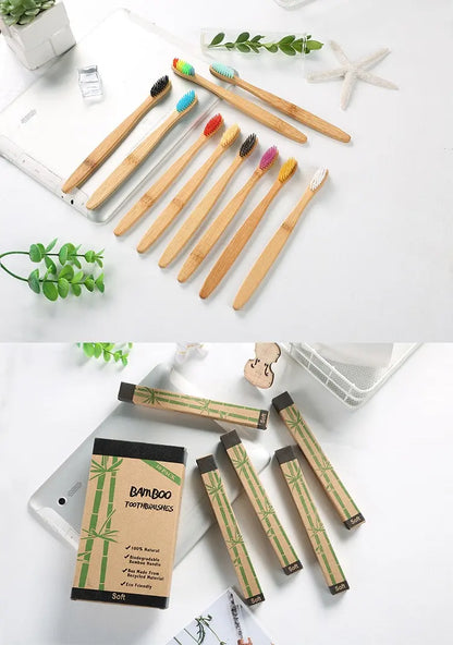 Eco-Friendly Bamboo Toothbrush Set - 10 Pack for Adults