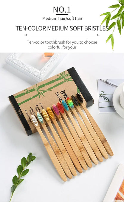 Eco-Friendly Bamboo Toothbrush Set - 10 Pack for Adults